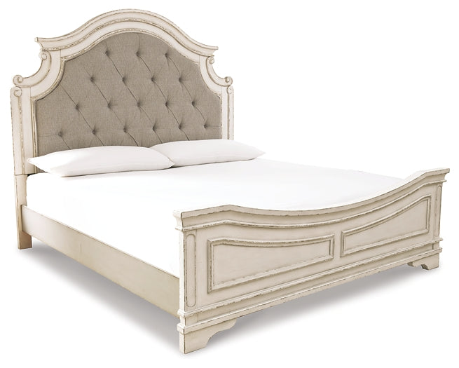 Realyn California King Upholstered Panel Bed with Mirrored Dresser