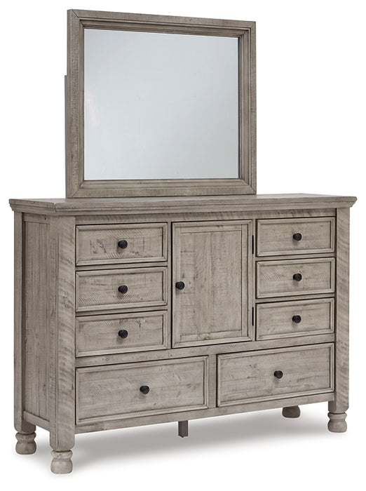 Harrastone California King Panel Bed with Mirrored Dresser and Chest