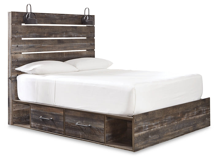 Drystan Queen Panel Bed with 2 Storage Drawers with Mirrored Dresser and Nightstand
