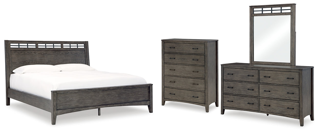 Montillan King Panel Bed with Mirrored Dresser and Chest