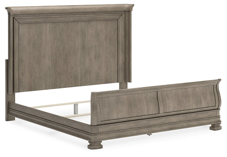 Lexorne California King Sleigh Bed with Mirrored Dresser, Chest and Nightstand