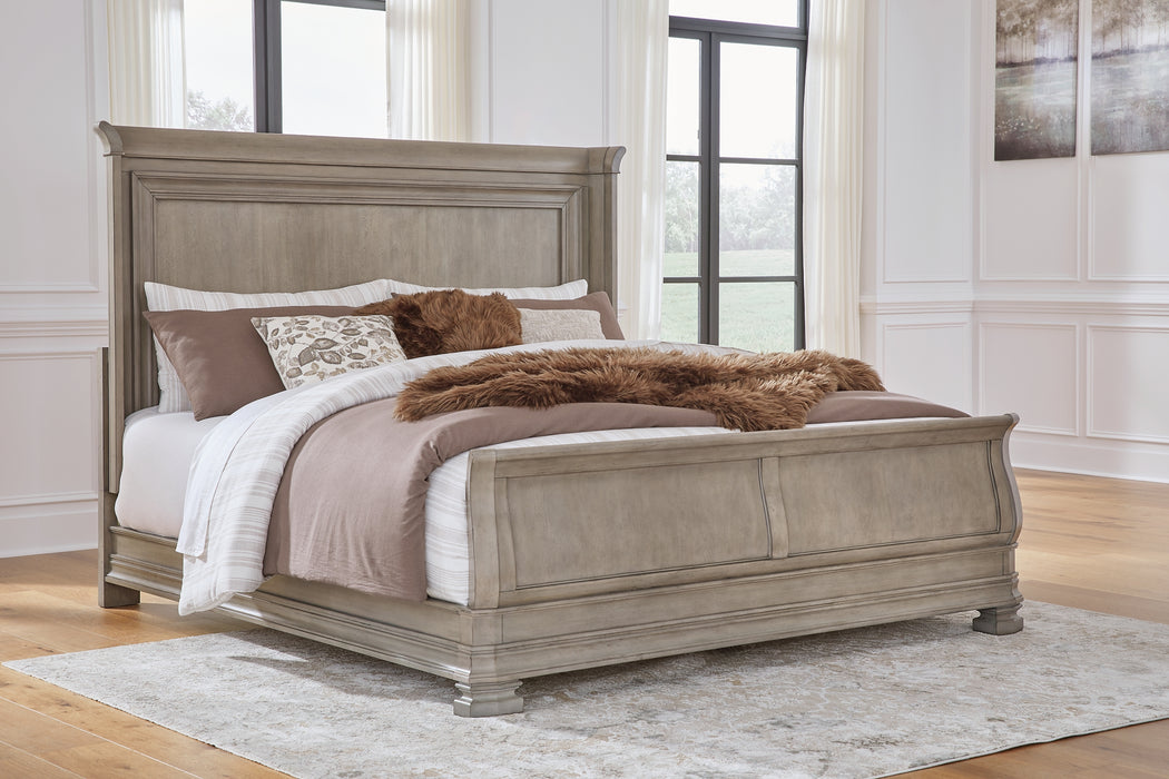 Lexorne King Sleigh Bed with Mirrored Dresser, Chest and Nightstand