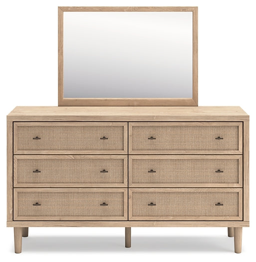 Cielden Full Upholstered Panel Bed with Mirrored Dresser and Nightstand