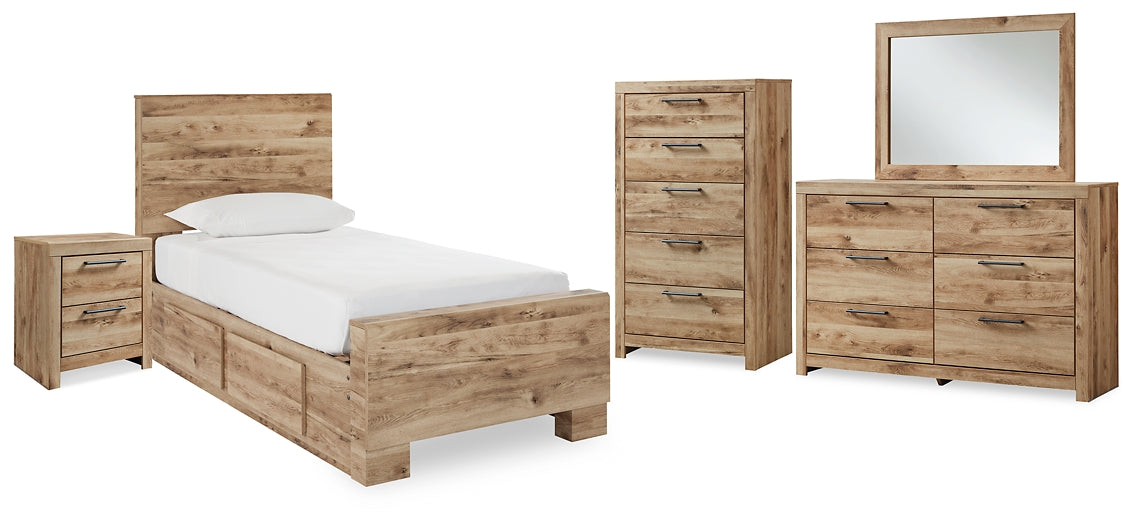 Hyanna Twin Panel Bed with 1 Side Storage, Dresser, Mirror, Chest and Nightstand