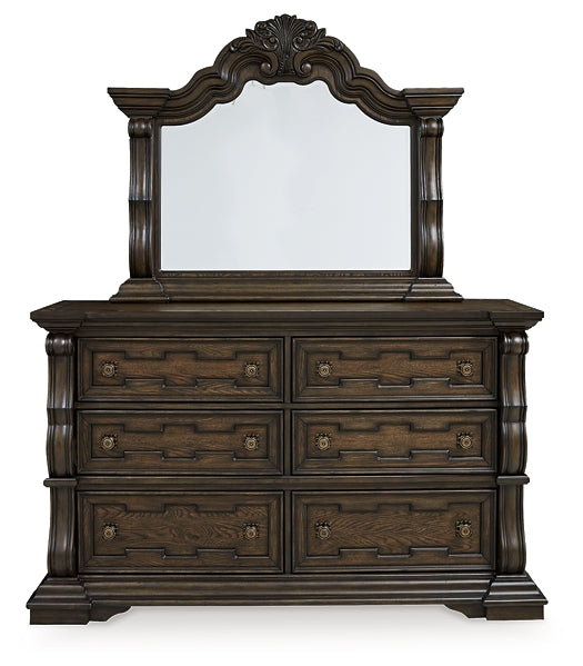 Maylee California King Upholstered Bed, Dresser, Mirror, Chest and Nightstand