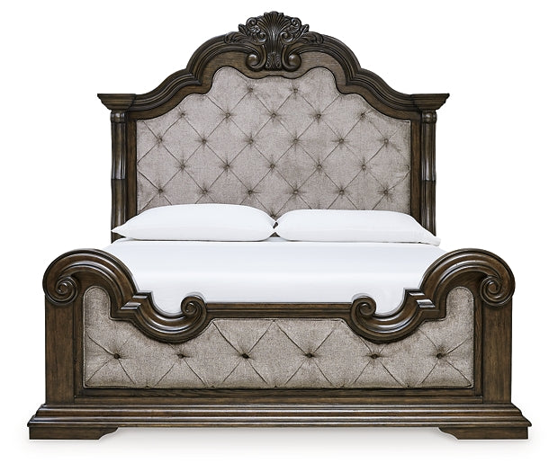Maylee California King Upholstered Bed, Dresser, Mirror, Chest and Nightstand
