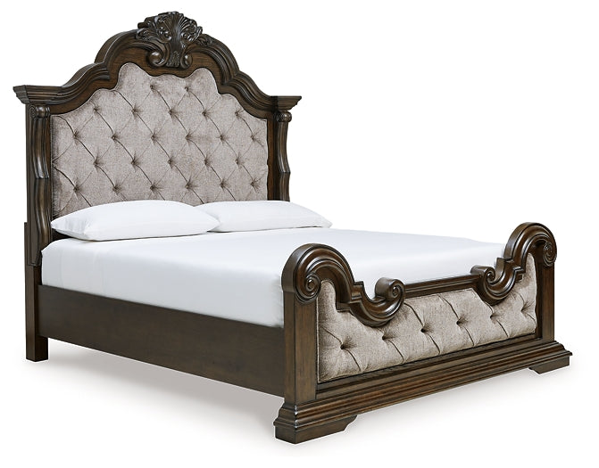 Maylee California King Upholstered Bed, Dresser, Mirror, Chest and Nightstand