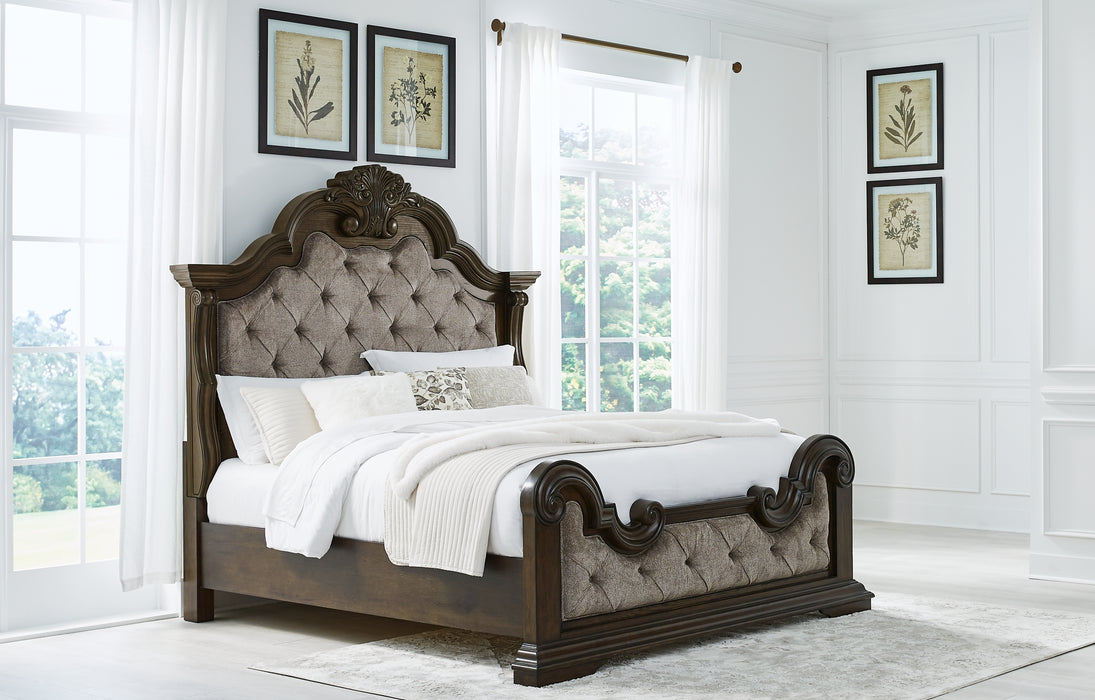 Maylee California King Upholstered Bed, Dresser, Mirror, Chest and Nightstand