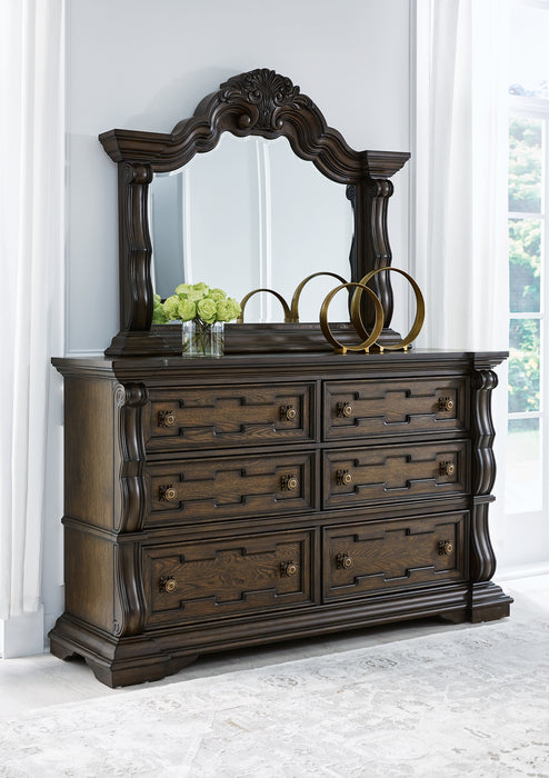 Maylee California King Upholstered Bed, Dresser, Mirror, Chest and Nightstand