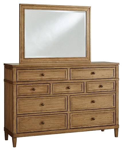 Sharlance Queen Upholstered Panel Bed, Dresser, Mirror and Nightstand