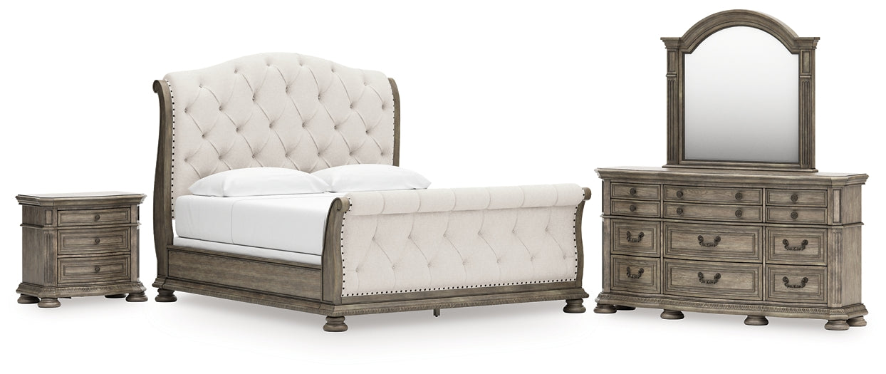 Ardenfield King Upholstered Sleigh Bed, Dresser, Mirror and Nightstand