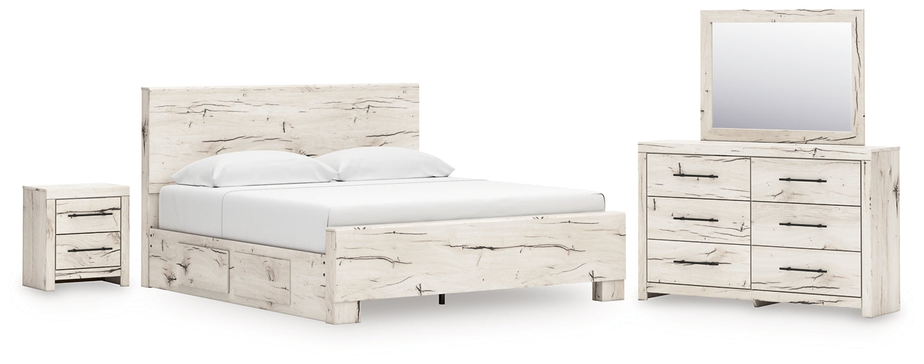 Lawroy King Panel Bed with Storage, Dresser, Mirror and Nightstand