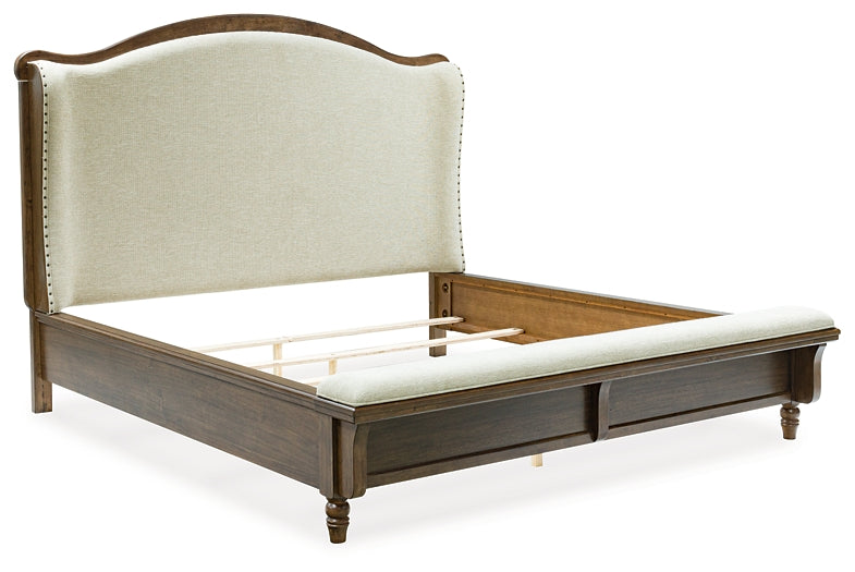 Sturlayne California King Upholstered Panel Bed, Dresser and Mirror
