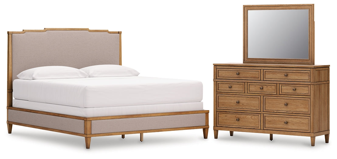 Sharlance California King Upholstered Panel Bed, Dresser and Mirror