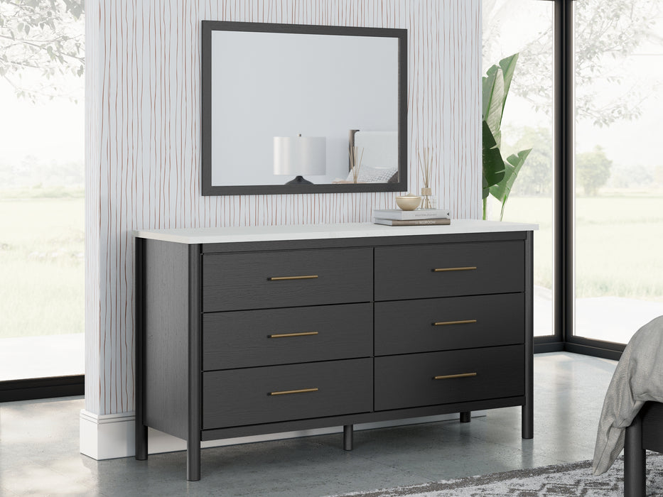 Cadmori Queen Upholstered Panel Bed, Dresser, Mirror and Nightstand