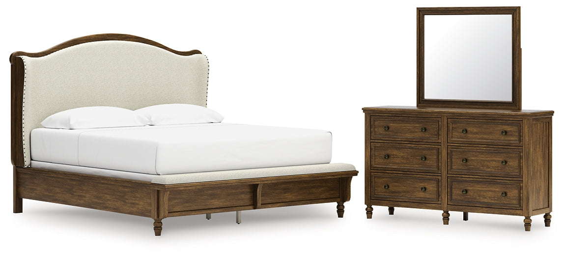 Sturlayne King Upholstered Panel Bed, Dresser and Mirror