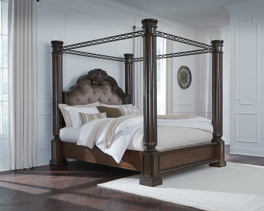 Maylee King Canopy Bed, Dresser, Mirror and Nightstand