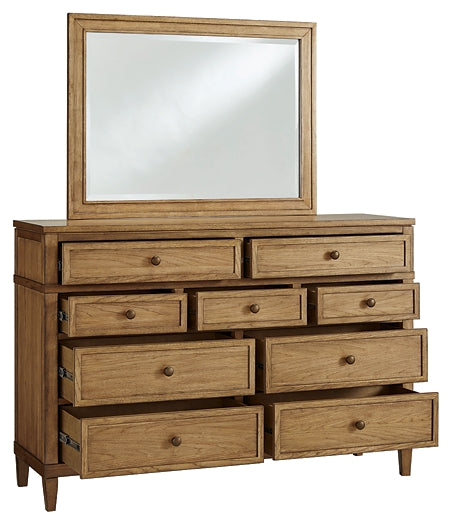 Sharlance Queen Upholstered Panel Bed, Dresser and Mirror