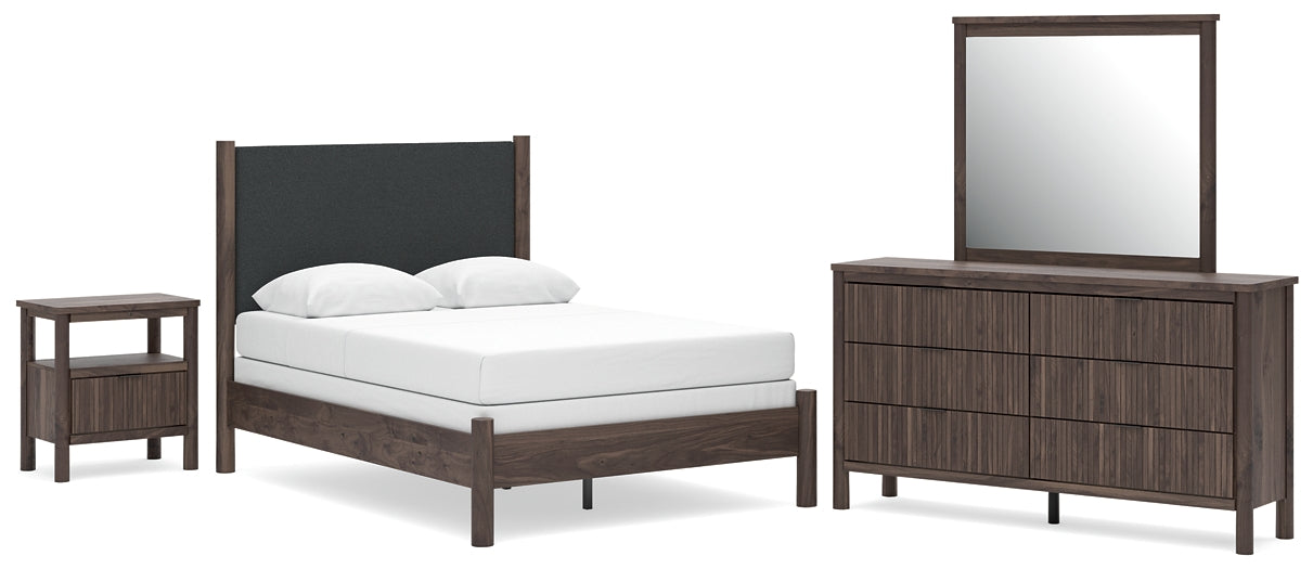 Pamytta Full Upholstered Panel Bed, Dresser, Mirror and Nightstand
