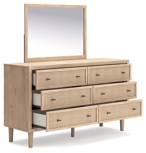 Cielden California King Upholstered Bed with Roll Slats, Dresser, Mirror and Nightstand