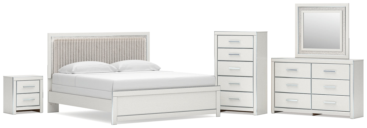 Zuraleus King Upholstered Panel Bed, Dresser, Mirror, Chest and Nightstand