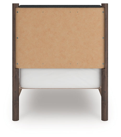 Pamytta Twin Upholstered Panel Platform Bed, Dresser, Mirror and Nightstand