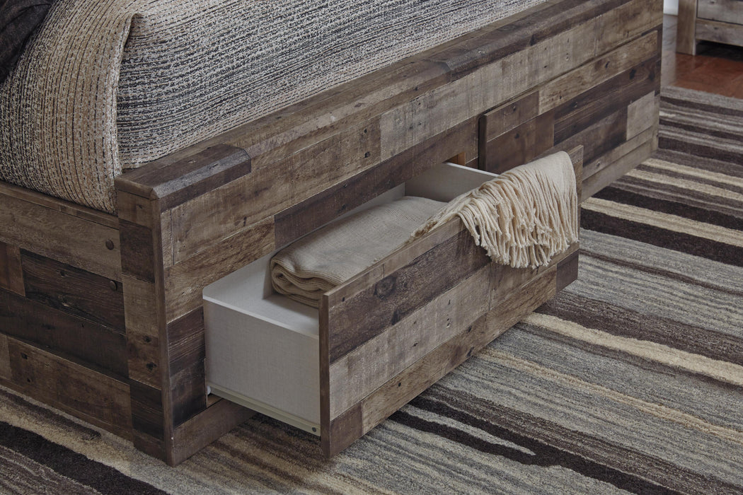 Derekson Queen Panel Bed with 6 Storage Drawers with Mirrored Dresser, Chest and Nightstand