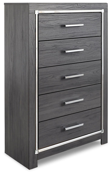Lodanna Full Upholstered Panel Headboard Bed with Mirrored Dresser, Chest and Nightstand