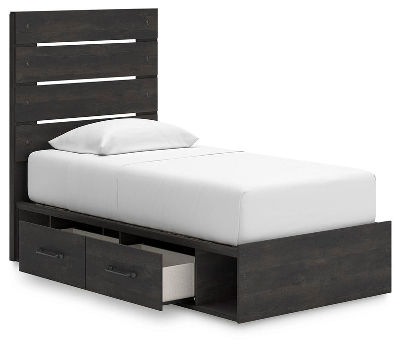 Hollivern Twin Panel Bed with Storage, Dresser, Mirror, Chest and Nightstand