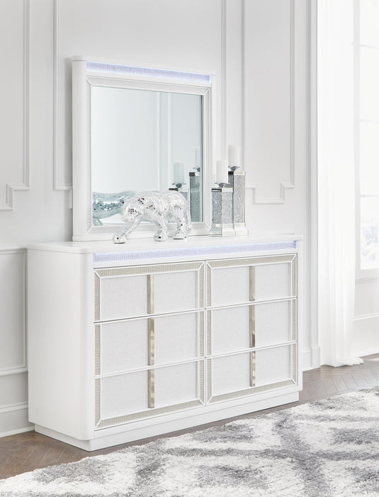 Chalanna King Upholstered Storage Bed, Dresser, Mirror and Nightstand