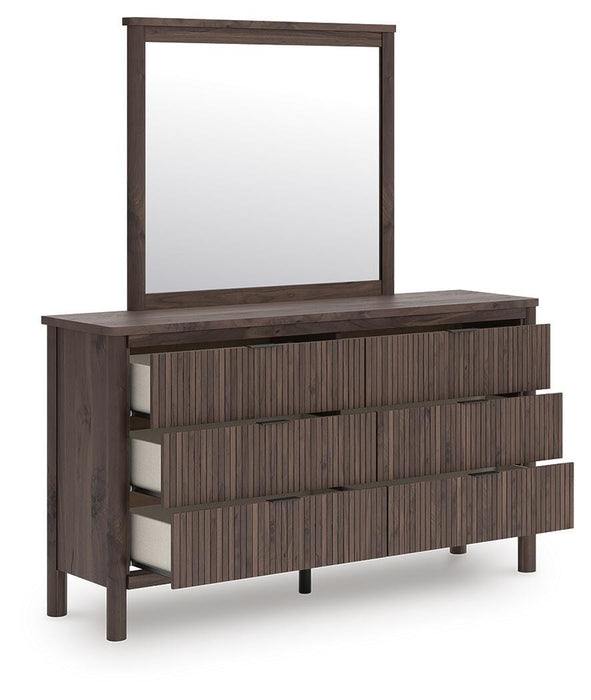 Pamytta King Upholstered Panel Platform Bed, Dresser, Mirror, Chest and Nightstand