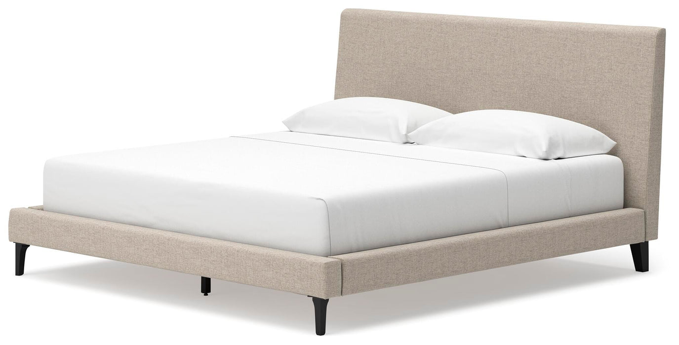 Cielden King Upholstered Bed with Roll Slats, Dresser, Mirror, Chest and Nightstand