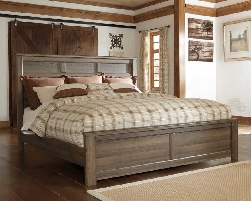 Juararo California King Panel Bed with Mirrored Dresser, Chest and Nightstand