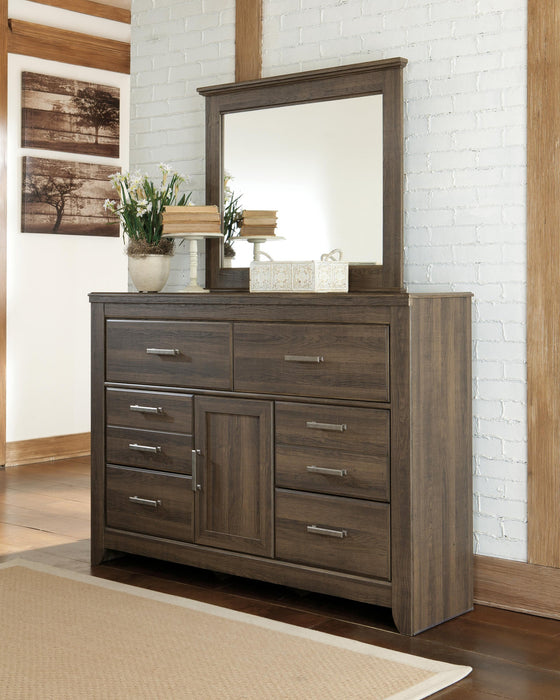 Juararo California King Panel Bed with Mirrored Dresser, Chest and Nightstand