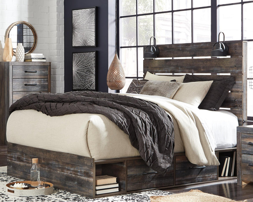 Drystan Queen Panel Bed with 4 Storage Drawers with Mirrored Dresser