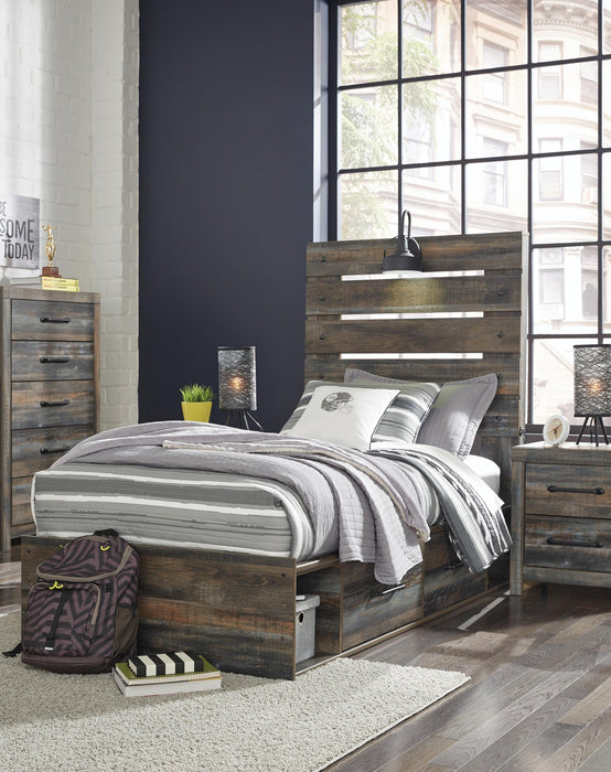 Drystan Twin Panel Bed with 4 Storage Drawers, Dresser, Mirror, Chest and Nightstand