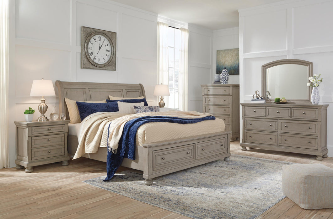 Lettner Queen Sleigh Bed with 2 Storage Drawers with Mirrored Dresser