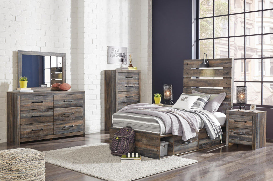 Drystan Twin Panel Headboard Bed with Mirrored Dresser, Chest and Nightstand