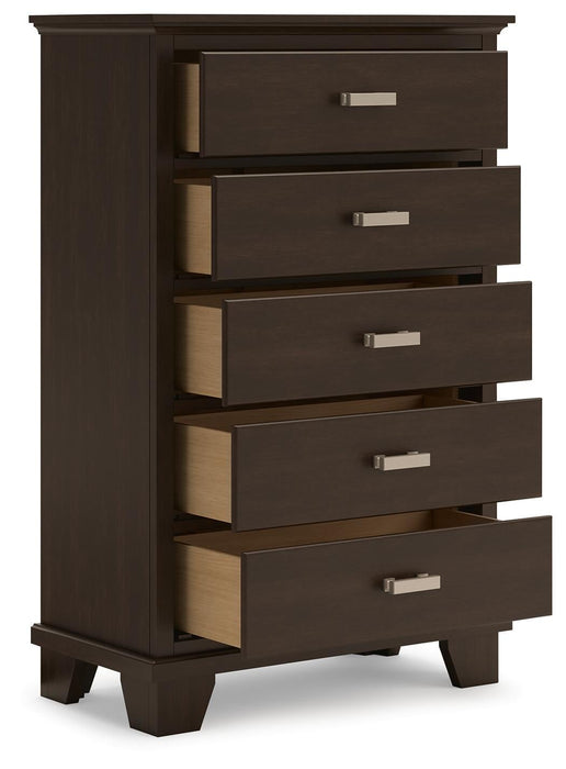 Covetown California King Panel Bed, Dresser, Mirror, Chest and Nightstand