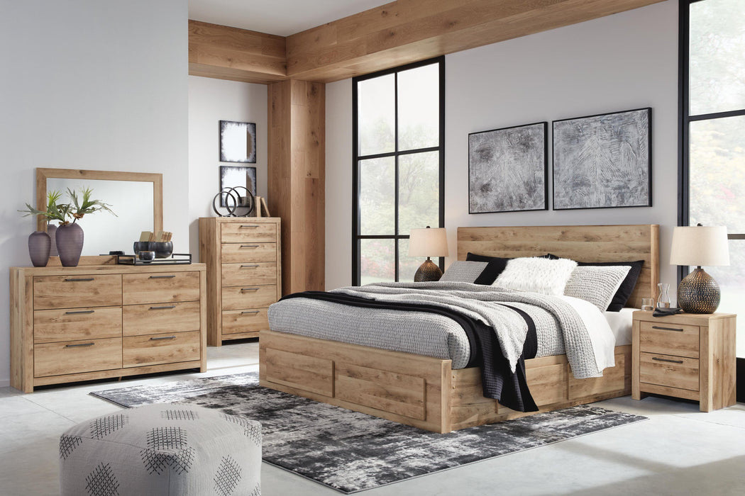 Hyanna Queen Panel Storage Bed with 1 Under Bed Storage Drawer, Dresser and Mirror