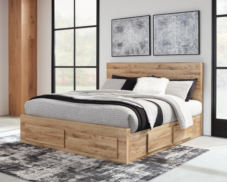 Hyanna King Panel Storage Bed with 2 Under Bed Storage Drawers, Dresser and Mirror
