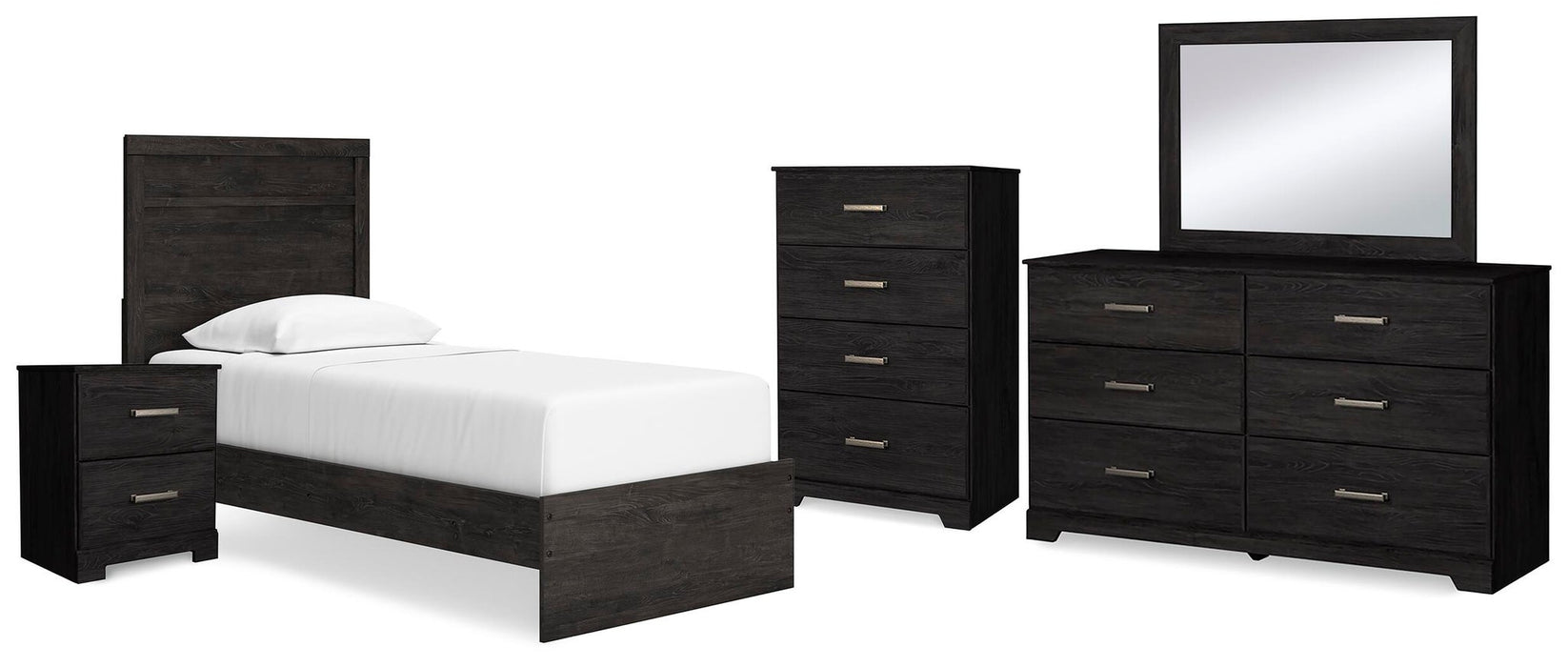 Belachime Twin Panel Bed with Mirrored Dresser, Chest and Nightstand