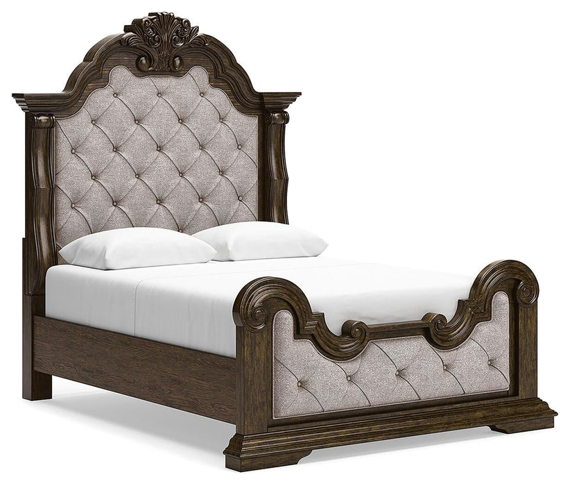 Maylee Queen Upholstered Bed, Dresser, Mirror, Chest and Nightstand