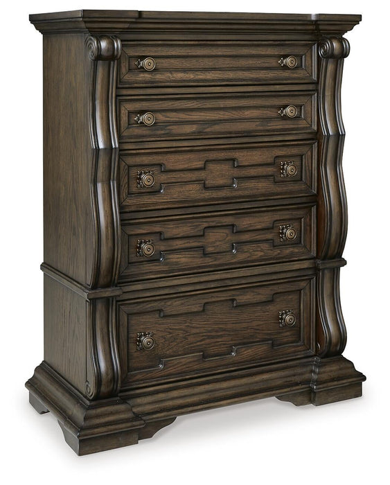 Maylee King Upholstered Bed, Dresser, Mirror, Chest and Nightstand
