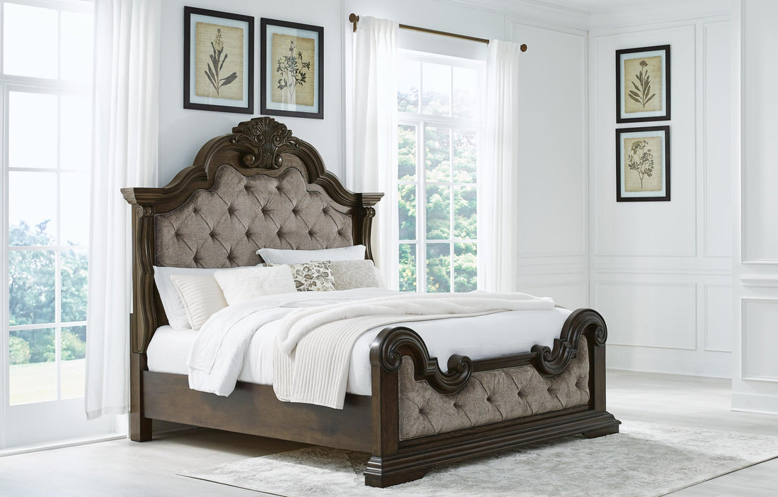 Maylee King Upholstered Bed, Dresser, Mirror, Chest and Nightstand