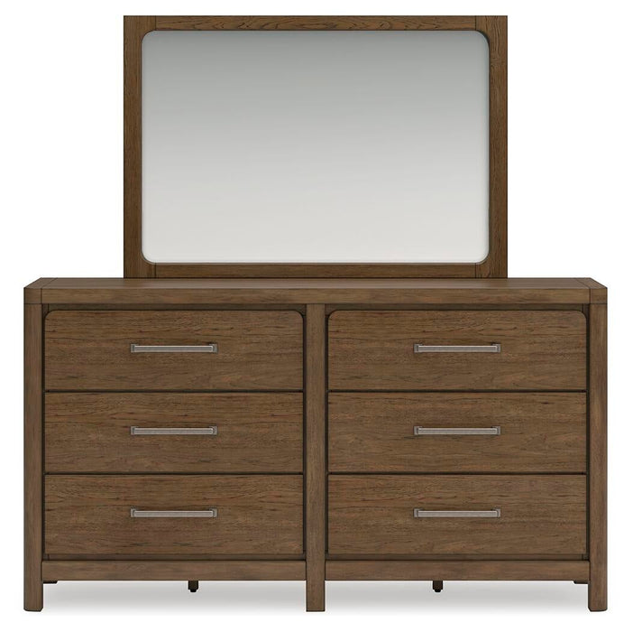 Cabalynn California King Panel Bed with Storage with Mirrored Dresser and Nightstand