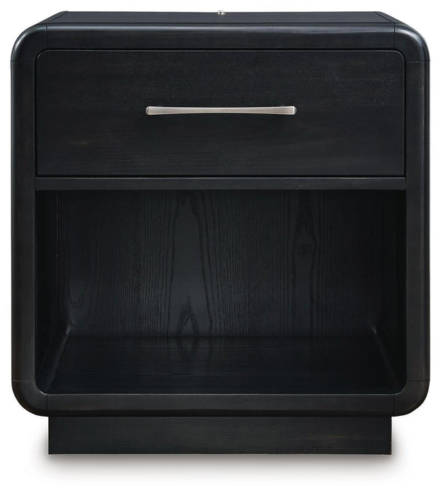 Rowanbeck King Upholstered Panel Bed, Dresser, Mirror and Nightstand