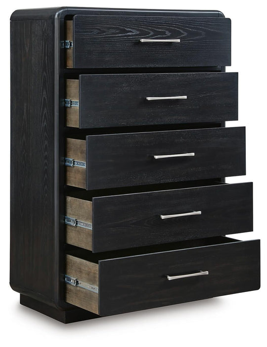 Rowanbeck King Upholstered Panel Bed, Dresser, Mirror, Chest and Nightstand