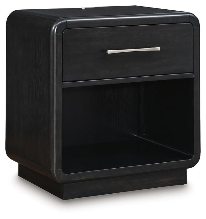 Rowanbeck King Upholstered Panel Bed, Dresser, Mirror, Chest and Nightstand