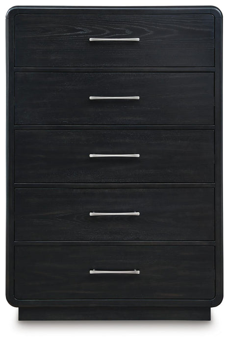 Rowanbeck California King Upholstered Panel Bed, Dresser, Mirror, Chest and Nightstand